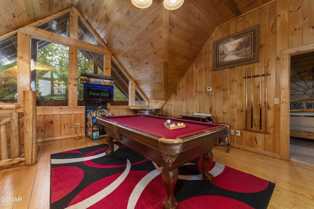 rec room featuring hardwood / wood-style flooring, wooden walls, wood ceiling, and billiards