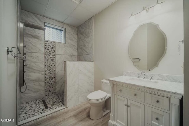 118 Luxury Ln, Dandridge, TN 37725 - bathroom with tiled shower, toilet, vanity, and wood finished floors