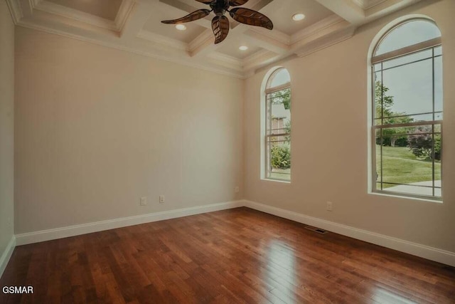 118 Luxury Ln, Dandridge, TN 37725 - unfurnished room with coffered ceiling, dark wood-style flooring, ceiling fan, beam ceiling, and baseboards