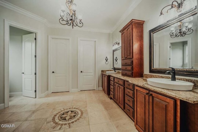 118 Luxury Ln, Dandridge, TN 37725 - full bath with a chandelier, double vanity, crown molding, baseboards, and tile patterned floors