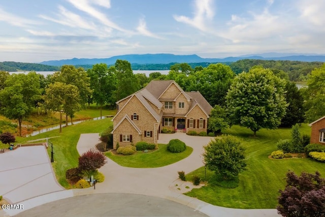 118 Luxury Ln, Dandridge, TN 37725 - traditional-style house featuring curved driveway, stone siding, a mountain view, and a front lawn