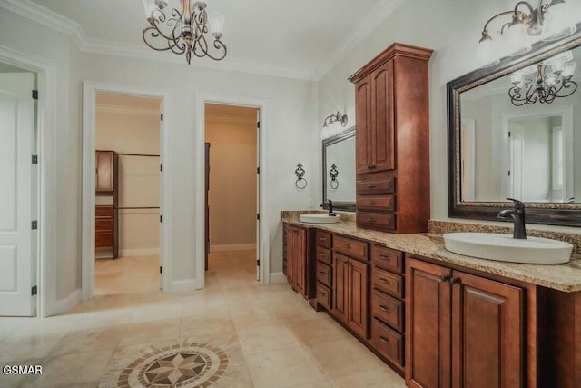 118 Luxury Ln, Dandridge, TN 37725 - full bath with a chandelier, double vanity, crown molding, baseboards, and tile patterned flooring