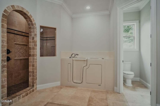 118 Luxury Ln, Dandridge, TN 37725 - bathroom featuring crown molding, a garden tub, toilet, walk in shower, and baseboards