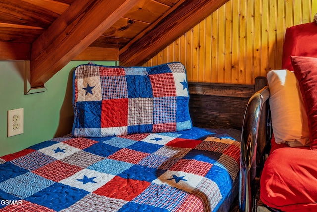 bedroom with wood ceiling