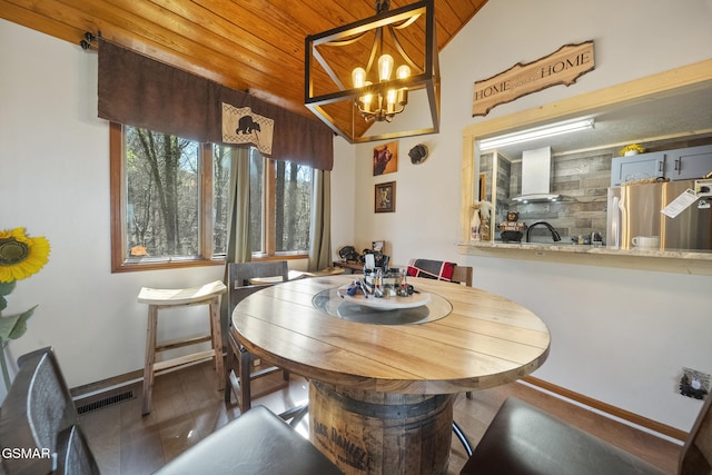dining space with wooden ceiling, baseboards, a chandelier, and visible vents