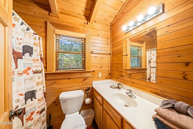 bathroom with lofted ceiling with beams, wood walls, and wood ceiling