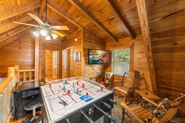 playroom featuring vaulted ceiling with beams, wood walls, wood ceiling, and ceiling fan