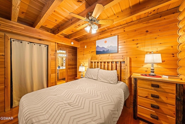 bedroom featuring ceiling fan, beamed ceiling, and wooden ceiling