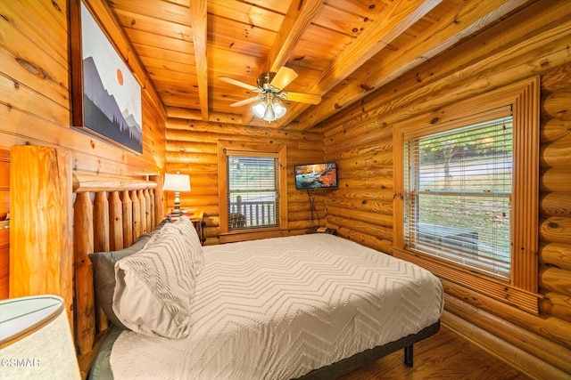 bedroom featuring log walls, beam ceiling, ceiling fan, and wood ceiling