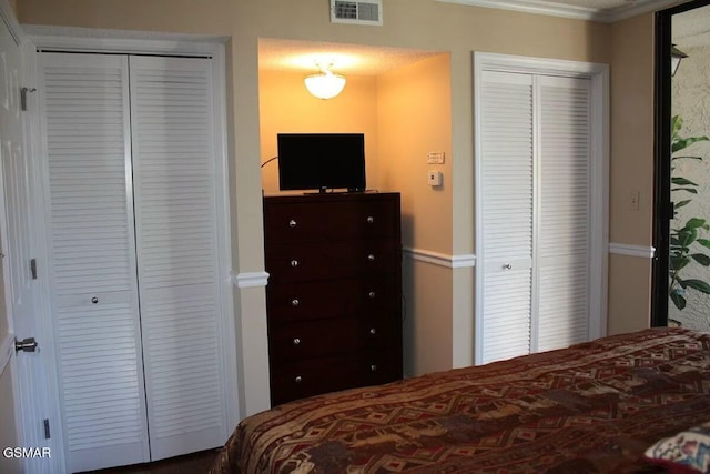 bedroom featuring visible vents and multiple closets