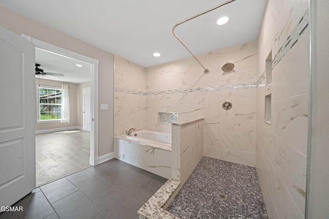 412 Apple Valley Rd, Sevierville, TN 37862 - bathroom with a bath, a tile shower, recessed lighting, ceiling fan, and tile patterned flooring