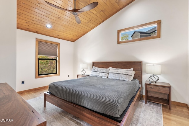 bedroom featuring wooden ceiling, ceiling fan, lofted ceiling, and light hardwood / wood-style flooring