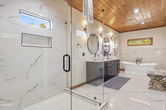 bathroom with vanity, wood ceiling, crown molding, and plus walk in shower