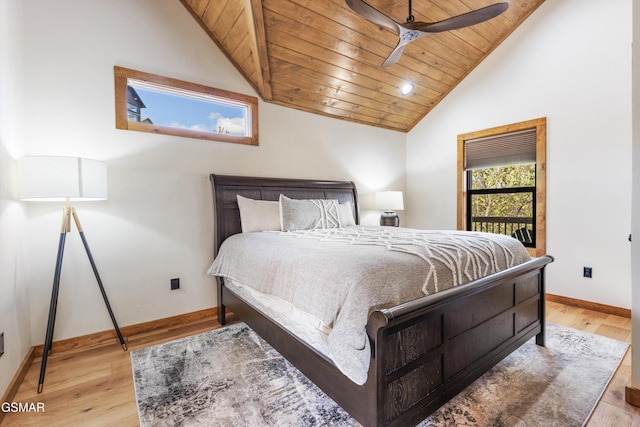 bedroom featuring ceiling fan, light hardwood / wood-style floors, wooden ceiling, and lofted ceiling