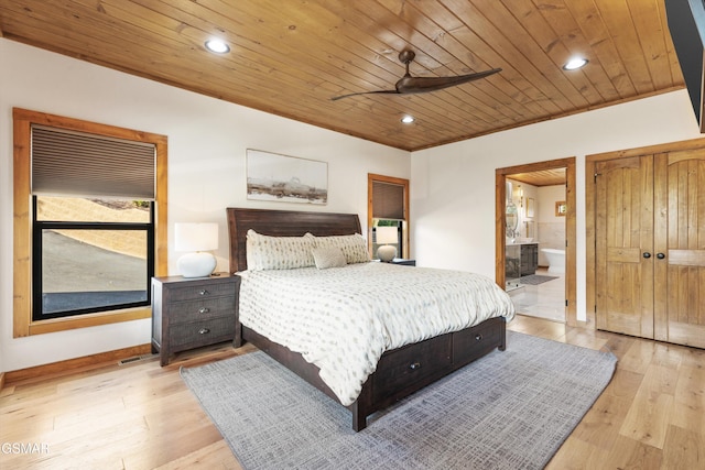 bedroom with connected bathroom, light hardwood / wood-style floors, ceiling fan, and wooden ceiling