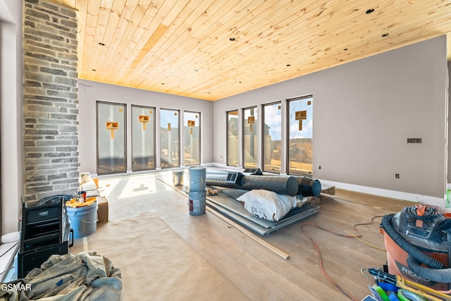 living room featuring wood ceiling