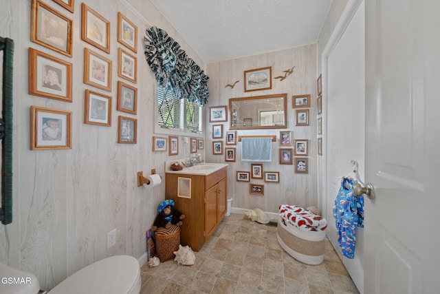 1505 Canterbury Ln, Sevierville, TN 37862 - bathroom with vanity, wood walls, a textured ceiling, and stone finish floors