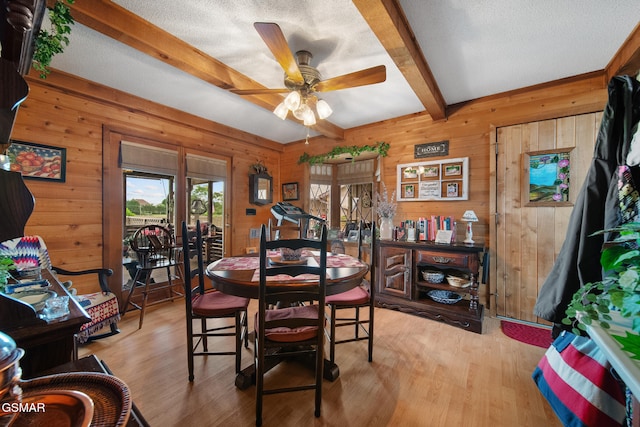 1505 Canterbury Ln, Sevierville, TN 37862 - dining area with wooden walls, beamed ceiling, a ceiling fan, light wood finished floors, and a textured ceiling
