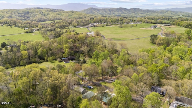drone / aerial view featuring a forest view and a mountain view
