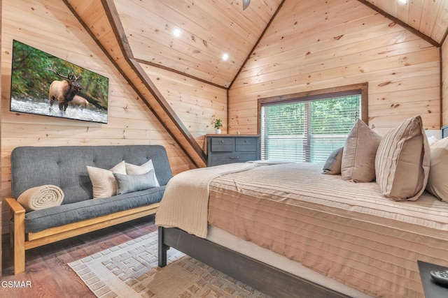 bedroom featuring lofted ceiling, dark wood-style floors, wooden ceiling, and wood walls