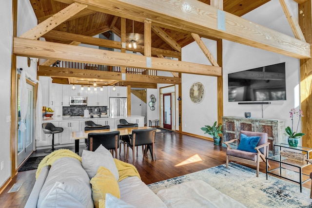 living room with beam ceiling, wooden ceiling, high vaulted ceiling, and dark wood-type flooring