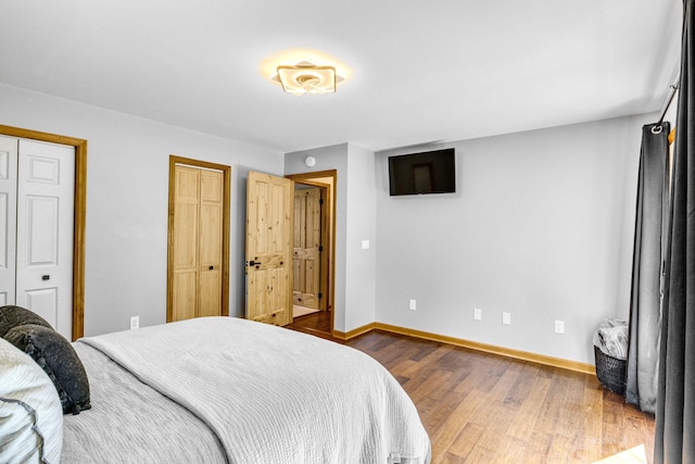 bedroom with two closets and dark hardwood / wood-style floors