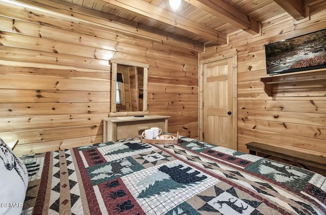 bedroom featuring wood ceiling, beamed ceiling, and wooden walls