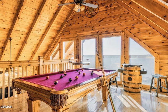 recreation room featuring wood ceiling, pool table, wood-type flooring, ceiling fan, and wooden walls