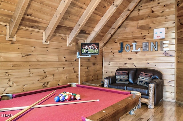 game room with wooden ceiling, wood-type flooring, wooden walls, and billiards