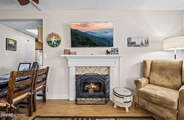 102 Baskins Creek Byp Unit 104, Gatlinburg, TN 37738 - living area with wood finished floors, baseboards, a fireplace, and a textured ceiling