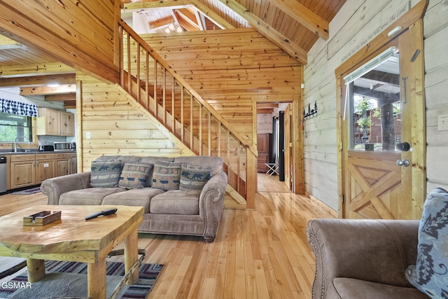2126 Loafers Glory Way, Gatlinburg, TN 37738 - living room featuring wooden walls, wood ceiling, vaulted ceiling with beams, and light wood finished floors