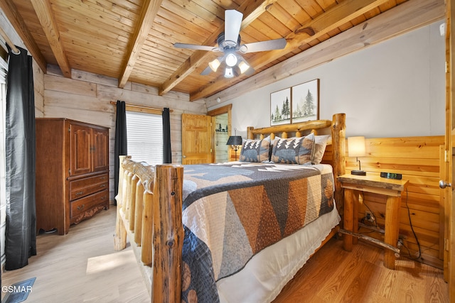 2126 Loafers Glory Way, Gatlinburg, TN 37738 - bedroom featuring beamed ceiling, wooden ceiling, wood walls, and light wood finished floors
