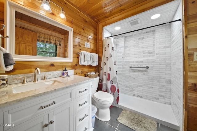 2126 Loafers Glory Way, Gatlinburg, TN 37738 - bathroom featuring tile patterned flooring, wooden walls, toilet, and a shower stall