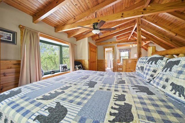 2126 Loafers Glory Way, Gatlinburg, TN 37738 - bedroom with wooden ceiling, a wainscoted wall, vaulted ceiling with beams, and wooden walls