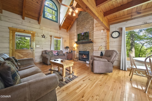 2126 Loafers Glory Way, Gatlinburg, TN 37738 - living room with wood-type flooring, wood walls, beam ceiling, and a stone fireplace