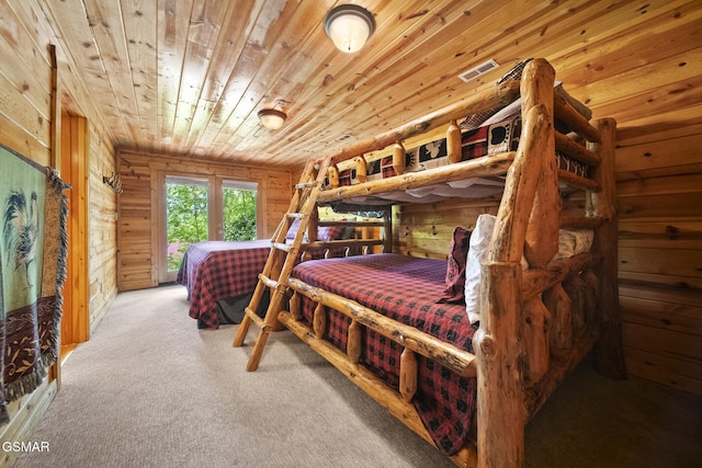 2126 Loafers Glory Way, Gatlinburg, TN 37738 - bedroom featuring wood ceiling, visible vents, access to exterior, wood walls, and carpet floors
