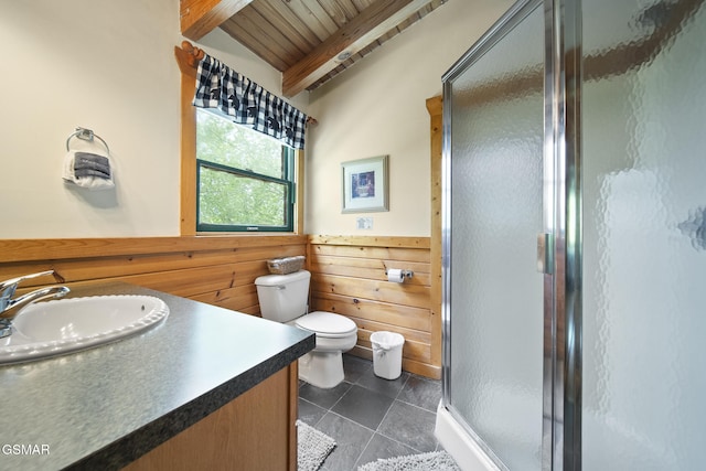 2126 Loafers Glory Way, Gatlinburg, TN 37738 - full bathroom featuring wood ceiling, a stall shower, beam ceiling, vanity, and toilet