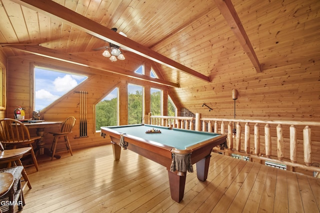 3435 Lonesome Pine Way, Sevierville, TN 37862 - playroom with wood ceiling, wood walls, lofted ceiling with beams, light wood finished floors, and pool table