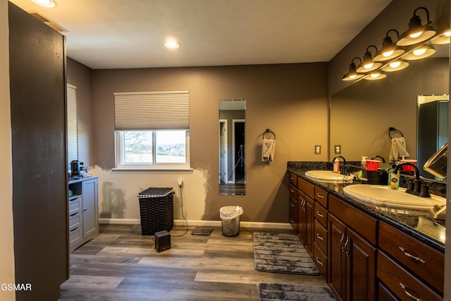 bathroom with hardwood / wood-style flooring and vanity