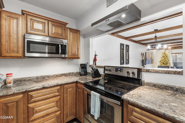 kitchen with pendant lighting, an inviting chandelier, beam ceiling, stainless steel appliances, and extractor fan