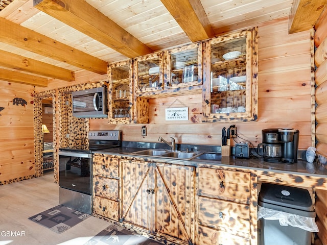 kitchen featuring stainless steel appliances, wooden walls, and sink