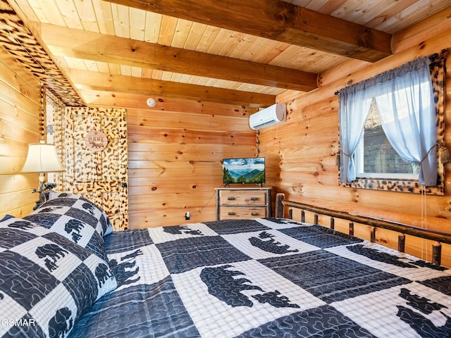 bedroom with wooden walls, wooden ceiling, an AC wall unit, and beamed ceiling