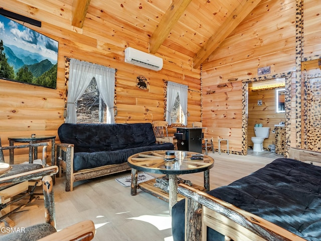 living room featuring hardwood / wood-style floors, a wall mounted air conditioner, high vaulted ceiling, wood ceiling, and beam ceiling