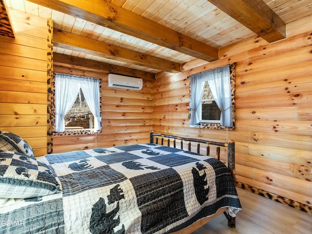 bedroom featuring beamed ceiling, wood-type flooring, a wall mounted AC, and wood ceiling