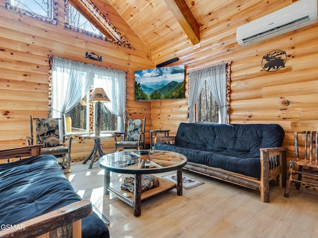 living room with hardwood / wood-style floors, high vaulted ceiling, a wall mounted air conditioner, log walls, and wooden ceiling