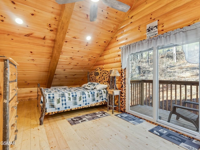 bedroom featuring hardwood / wood-style flooring, wood ceiling, log walls, and lofted ceiling with beams