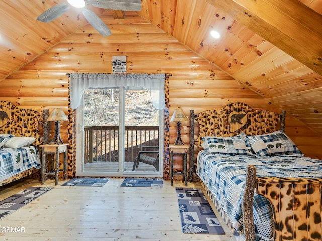 bedroom featuring wood ceiling, vaulted ceiling, hardwood / wood-style floors, and access to outside