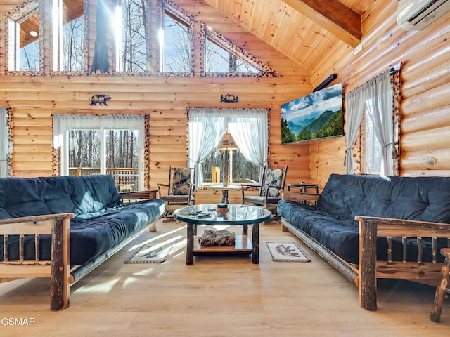 living room with hardwood / wood-style floors, a wall mounted AC, wooden ceiling, and high vaulted ceiling