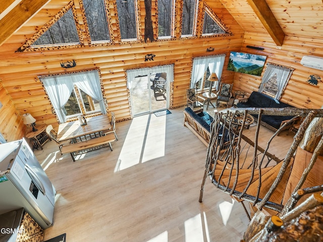 living room with wood ceiling, wood-type flooring, beam ceiling, and high vaulted ceiling