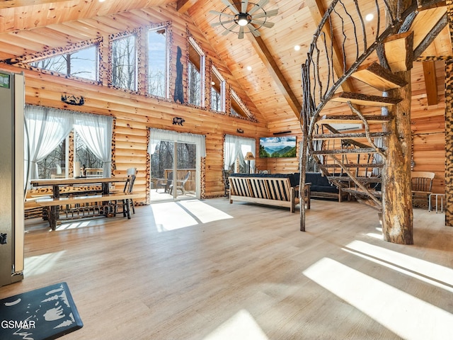 unfurnished living room featuring wood-type flooring, a wealth of natural light, and wooden ceiling